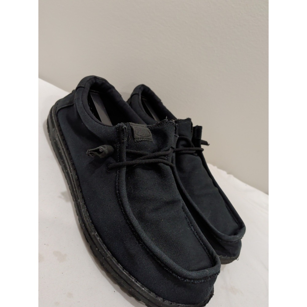 Hey Dude Wally Waxed Canvas Mens Loafer Shoes Sz 10  Black Round Toe Comfort
